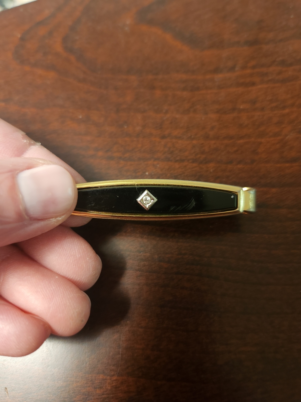 Gold Tone Black Inlay Tie Clip with Clear Crystal Accent